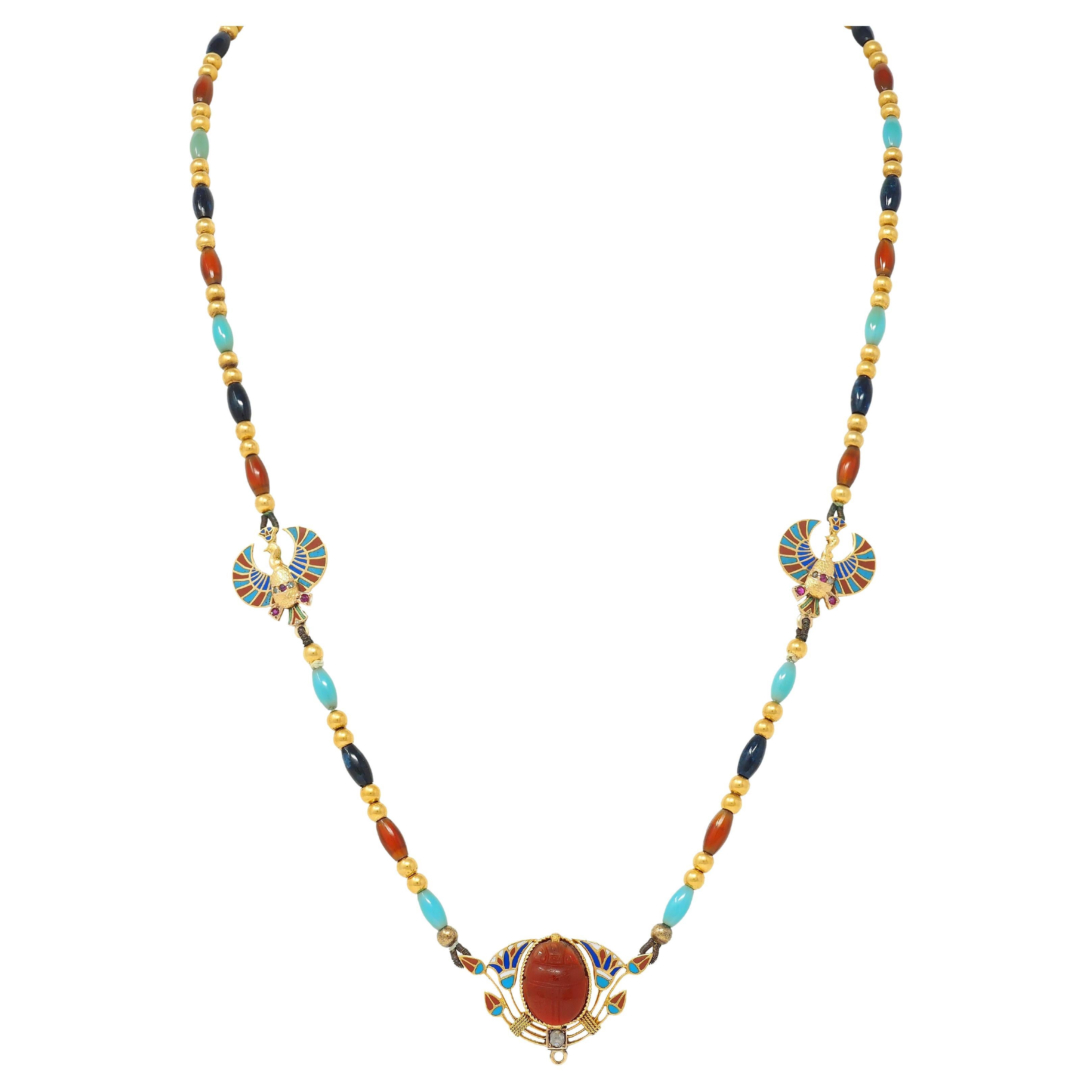 Victorian Egyptian Revival Multi-Gem Enamel 18 Karat Yellow Gold Beaded Necklace