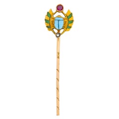 Antique Victorian Egyptian Revival Ruby Diamond Enamel 14 Karat Gold Scarab Stickpin