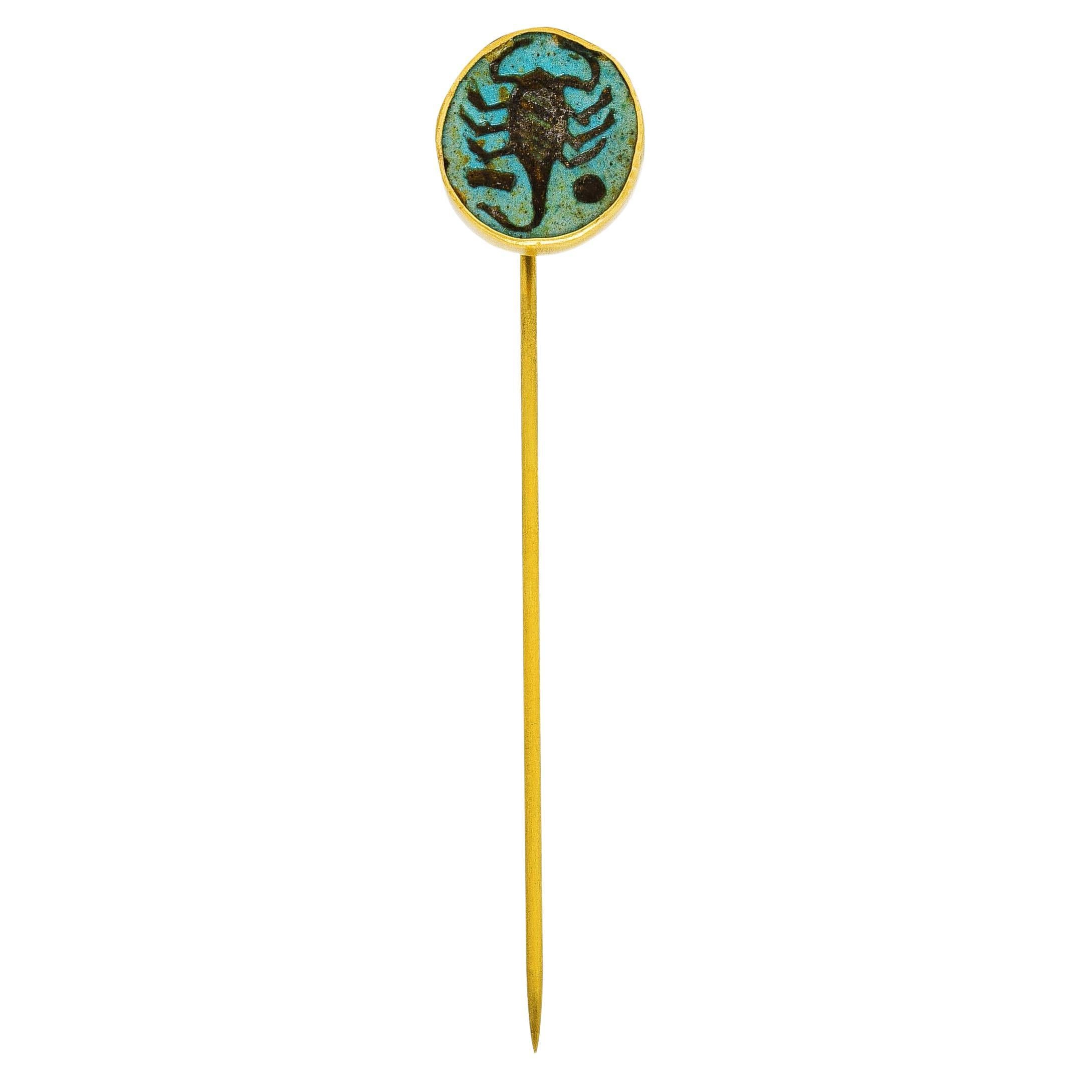 Women's or Men's Victorian Egyptian Revival Turquoise 18 Karat Yellow Gold Scorpion Stick Pin