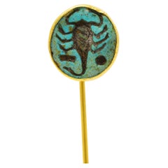 Antique Victorian Egyptian Revival Turquoise 18 Karat Yellow Gold Scorpion Stick Pin