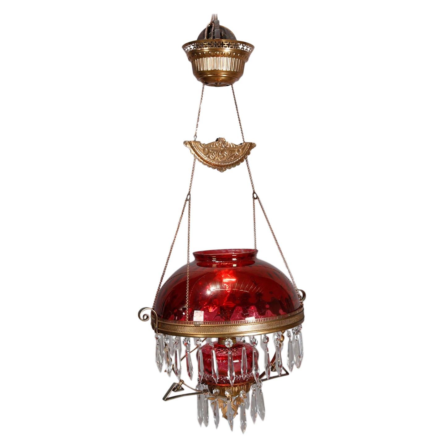Victorian Electric Cranberry Glass, Brass and Crystal Banquet Light, circa 1890