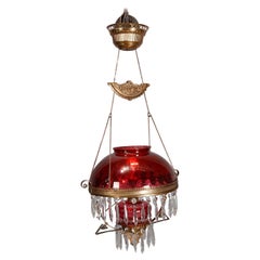 Victorian Electric Cranberry Glass, Brass and Crystal Banquet Light, circa 1890