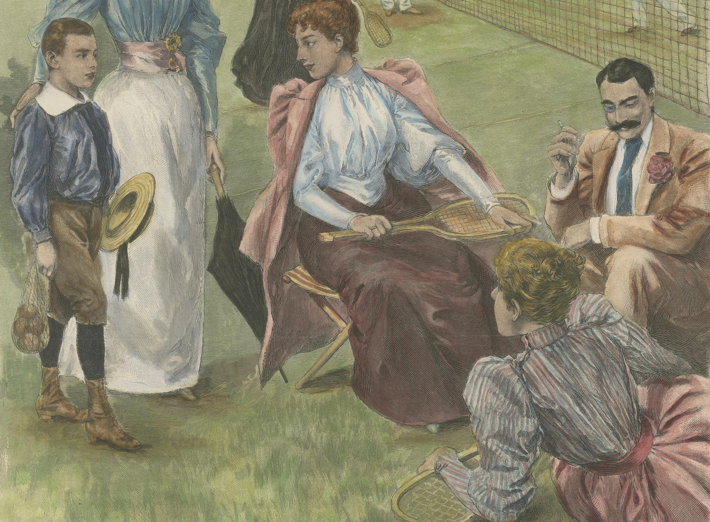 Title: Victorian Leisure on the Lawn Tennis Court – Wood Engraving by Bong, c. 1895  

Description:  

This finely detailed wood engraving, created by Bong after a design by St. Reichan around 1895, captures the elegance and leisurely charm of a
