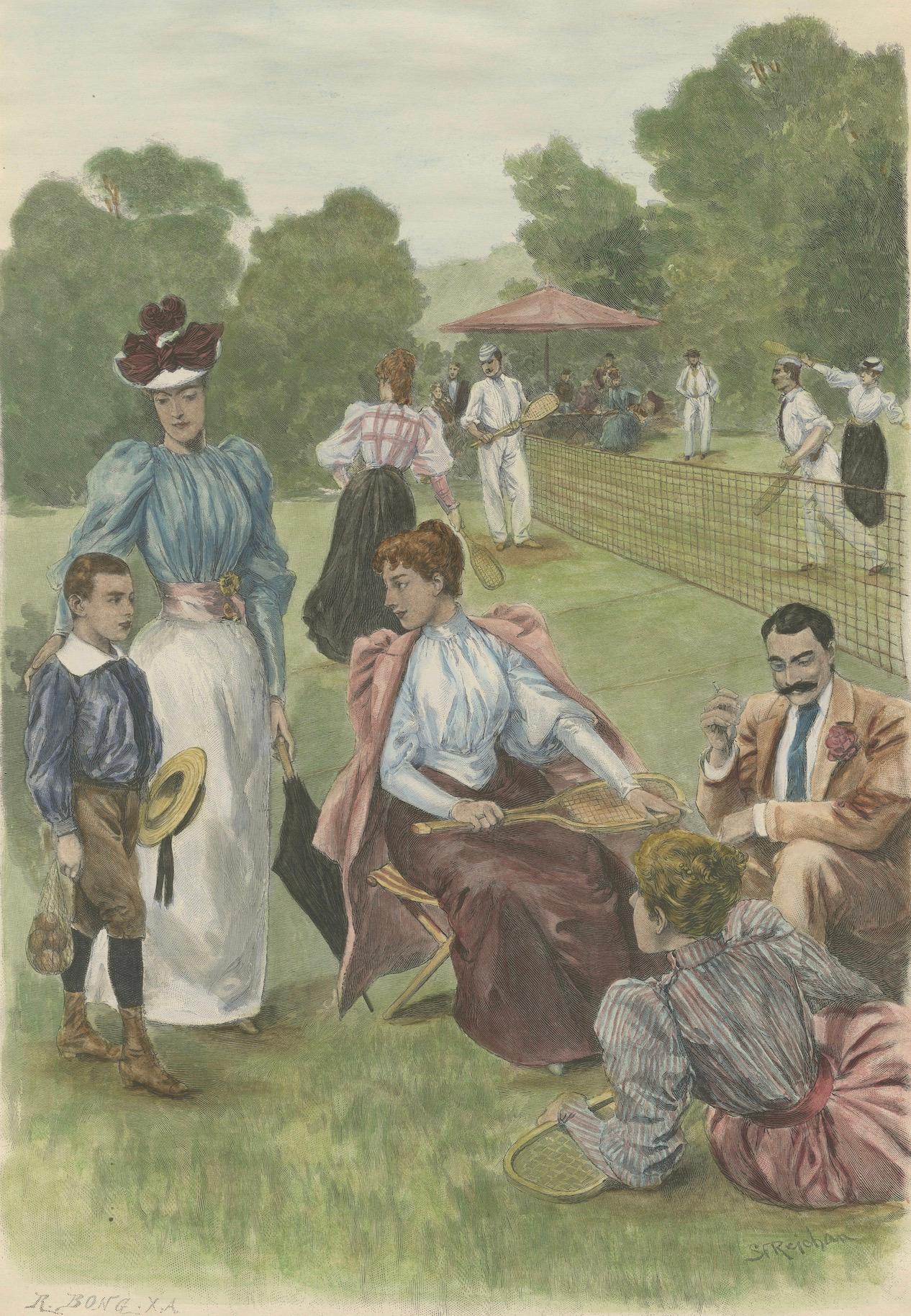 Late 19th Century Victorian Elegance and Leisure: A Day on the Lawn Tennis Court, ca.1895 For Sale