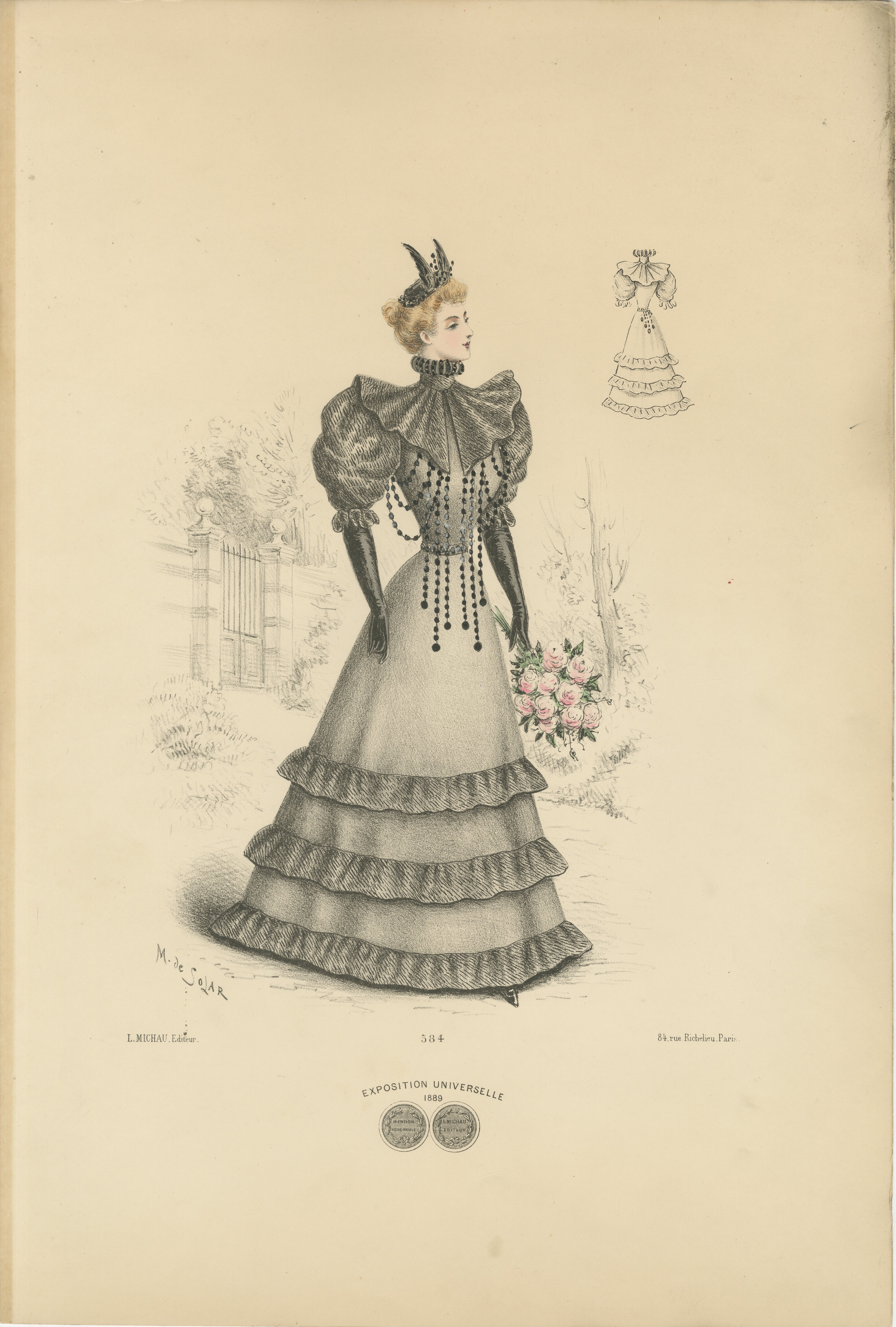 This lithograph portrays a fashionable woman from 1889, elegantly dressed in a sophisticated gown that exemplifies the style of the late Victorian era. The gown is made from a richly textured fabric in a subtle grey tone, accentuated by layers of