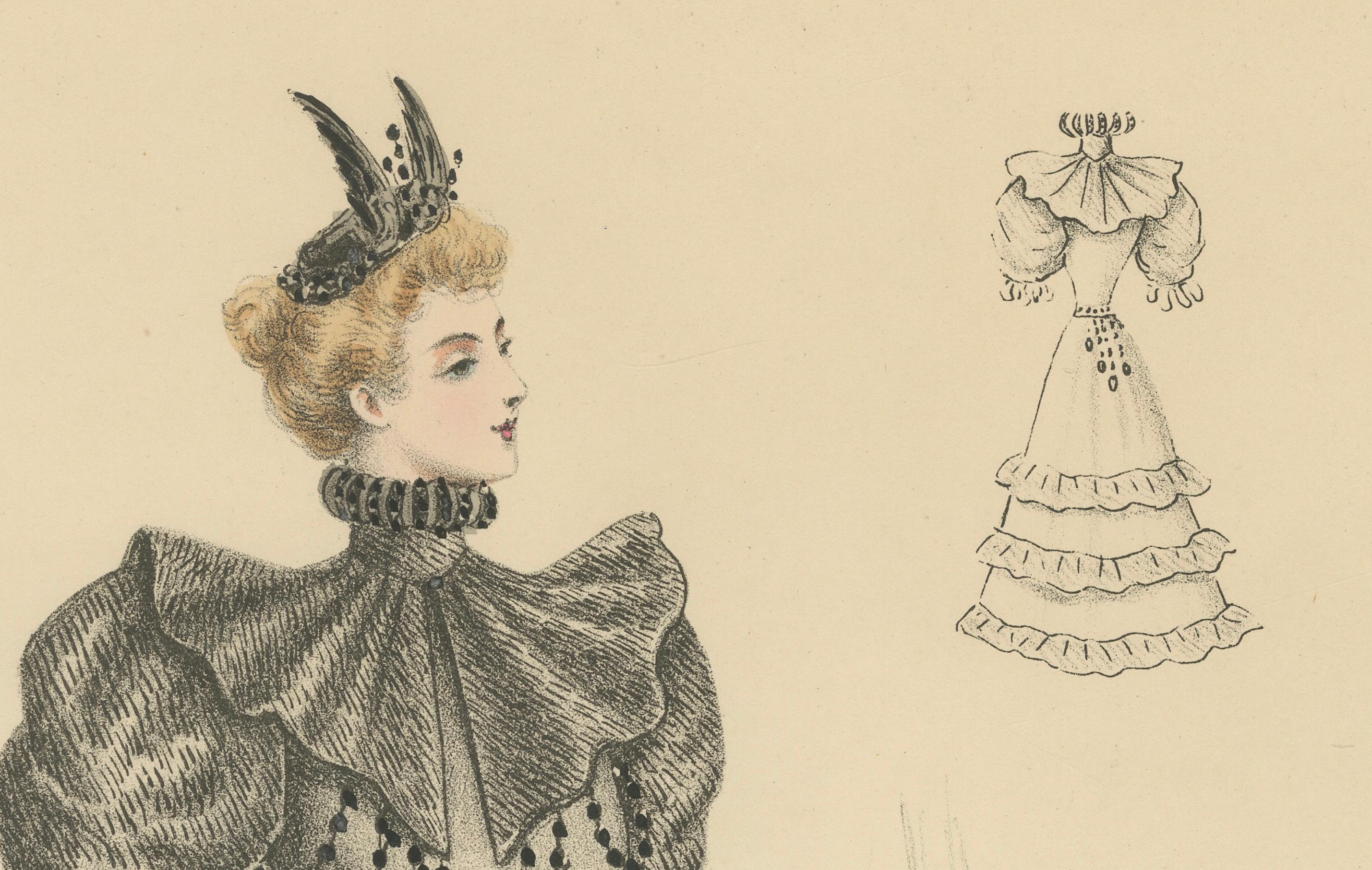 Paper Victorian Elegance: Detailed Fashion Lithograph by L. Michau and De Solar, 1889 For Sale