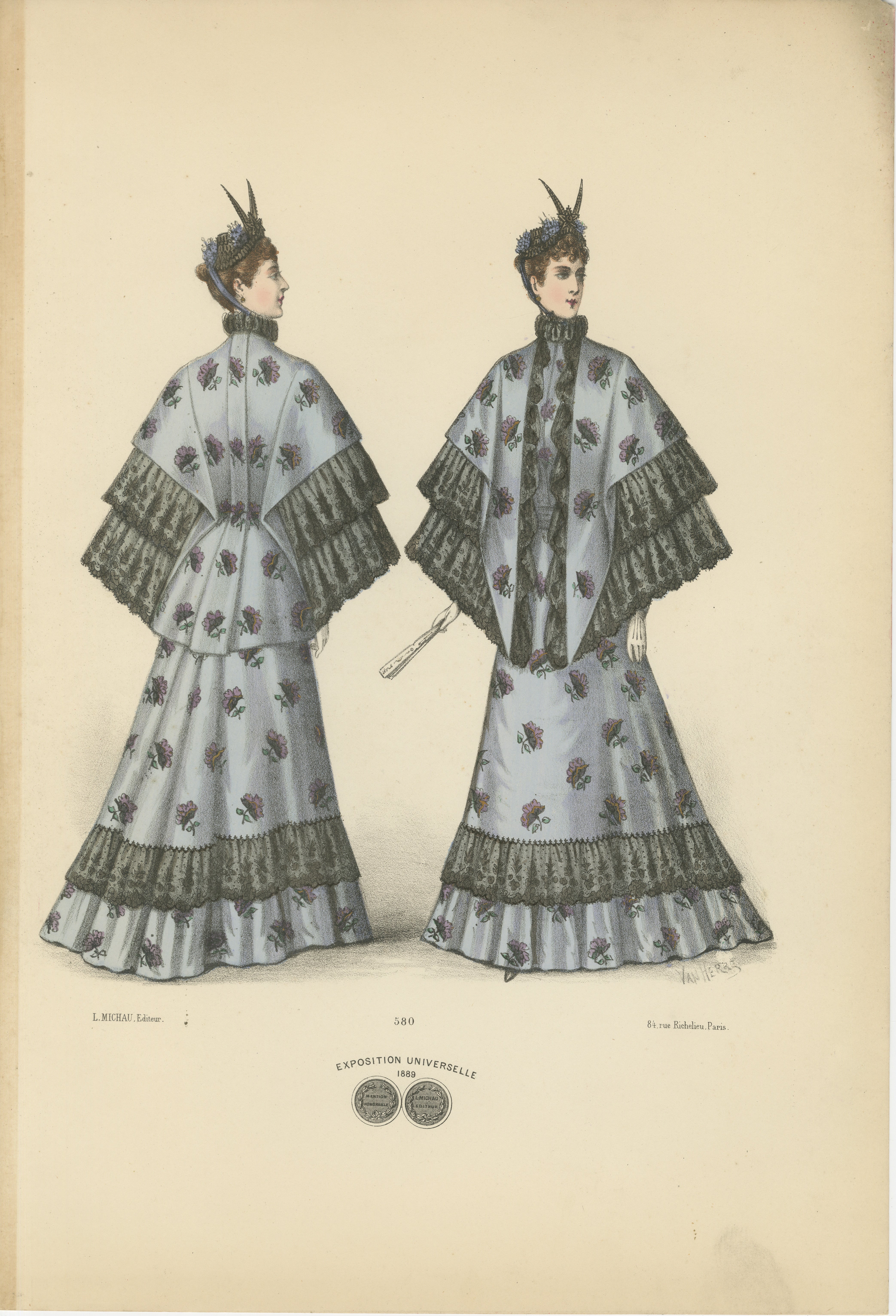 This lithograph depicts a woman wearing a fashionable ensemble from 1889, viewed from both the front and the back to showcase the full details of the outfit. The dress is crafted from a light blue fabric adorned with floral motifs in shades of pink