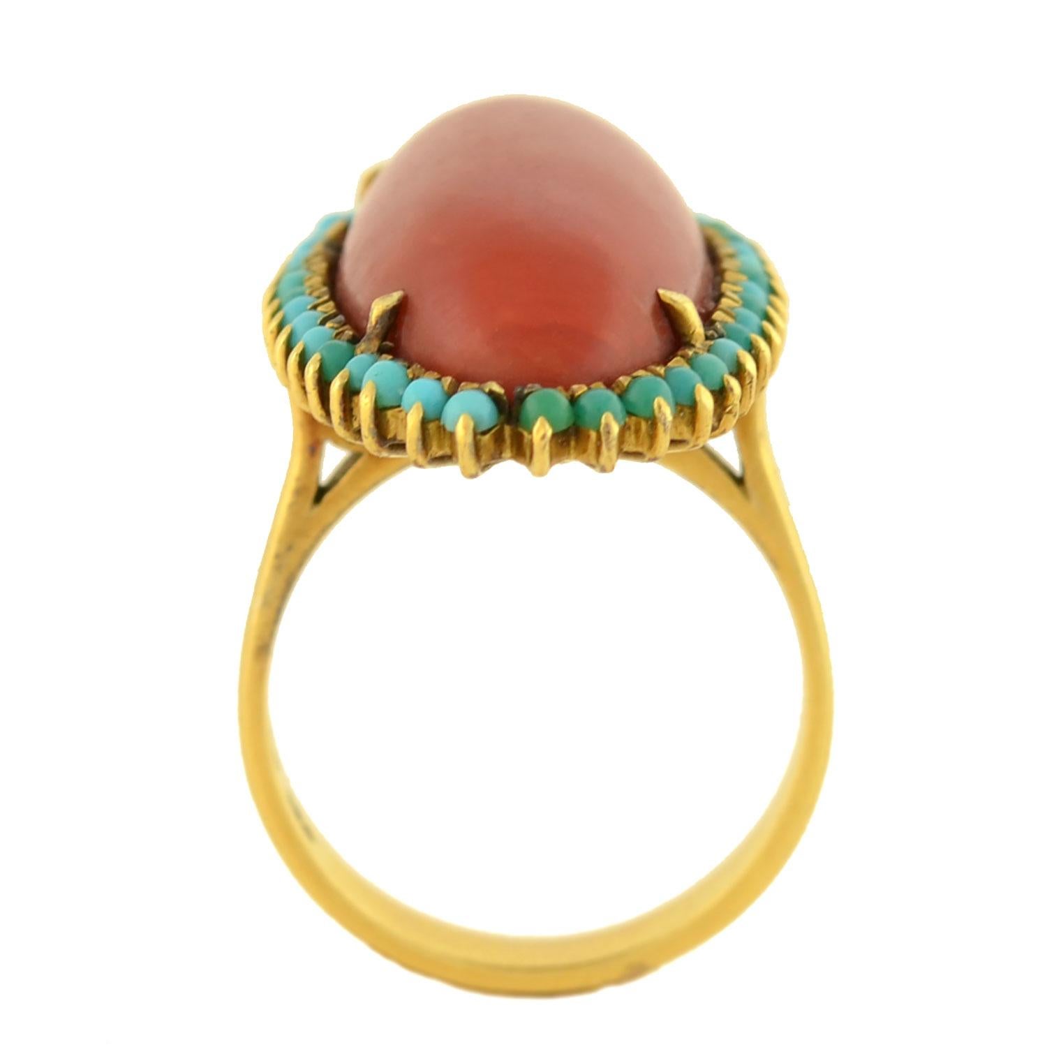 Victorian Elongated Oxblood Coral Turquoise Ring In Good Condition In Narberth, PA