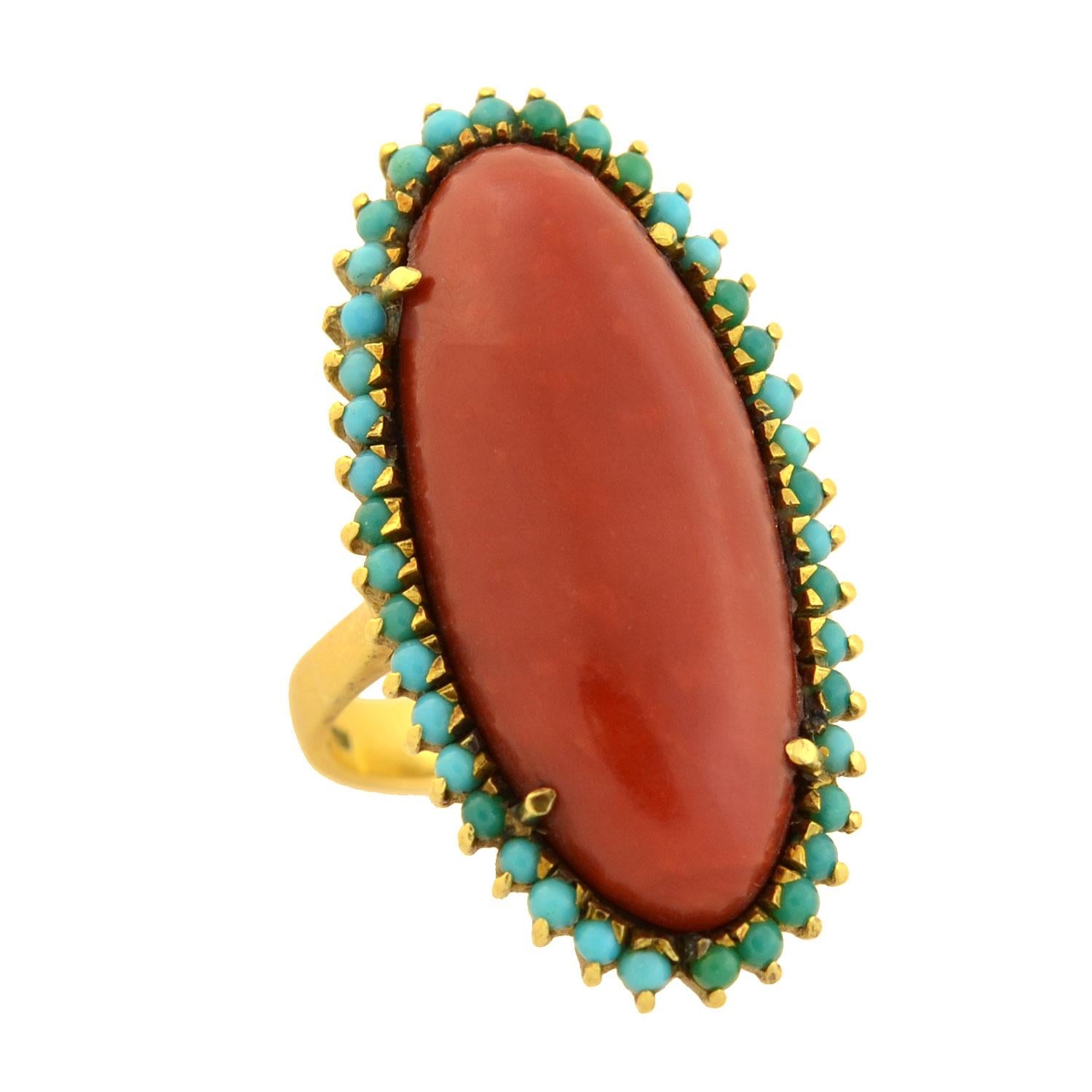 Women's Victorian Elongated Oxblood Coral Turquoise Ring