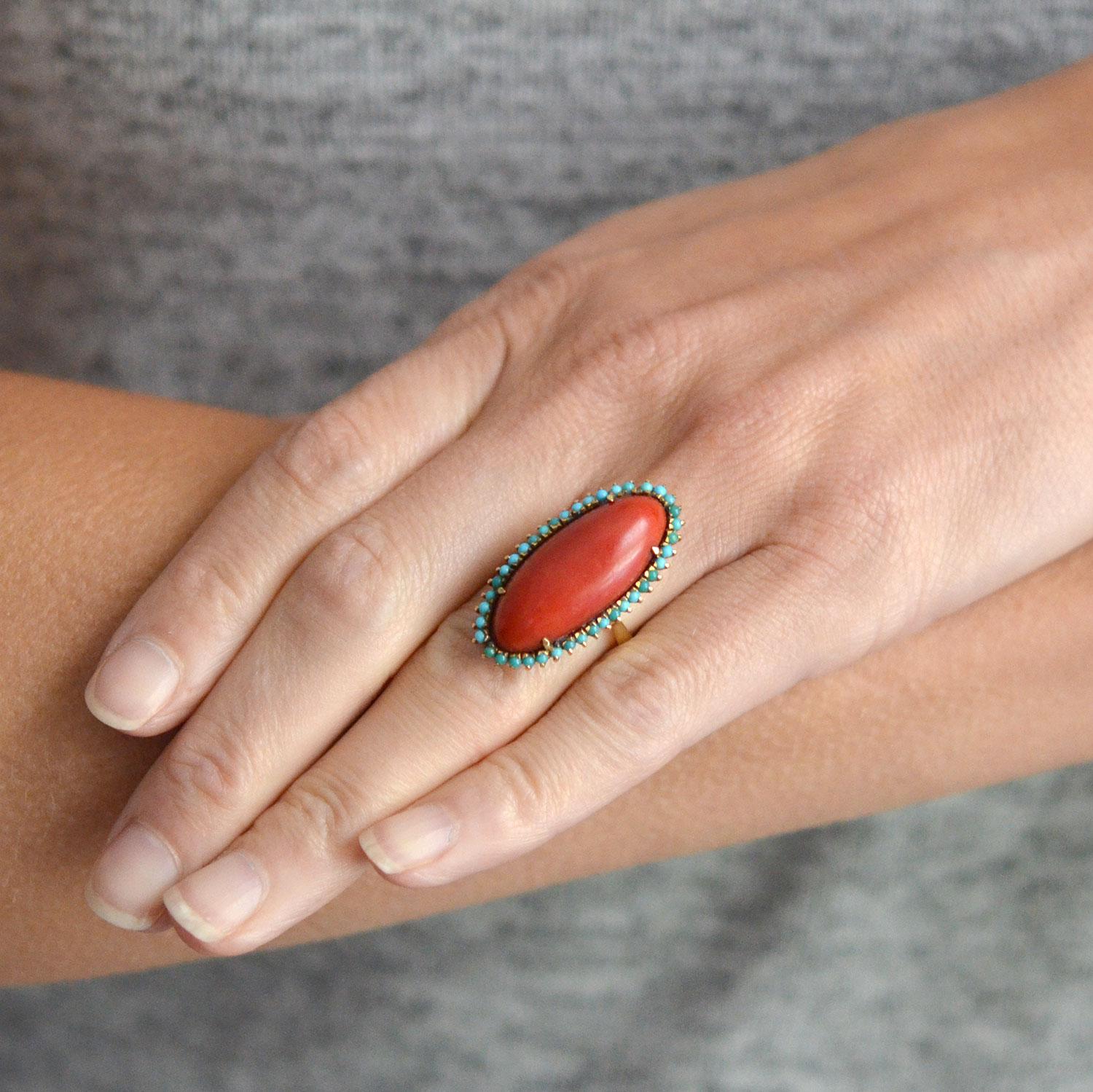 Victorian Elongated Oxblood Coral Turquoise Ring 2
