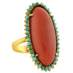 Antique Victorian Elongated Oxblood Coral Turquoise Ring