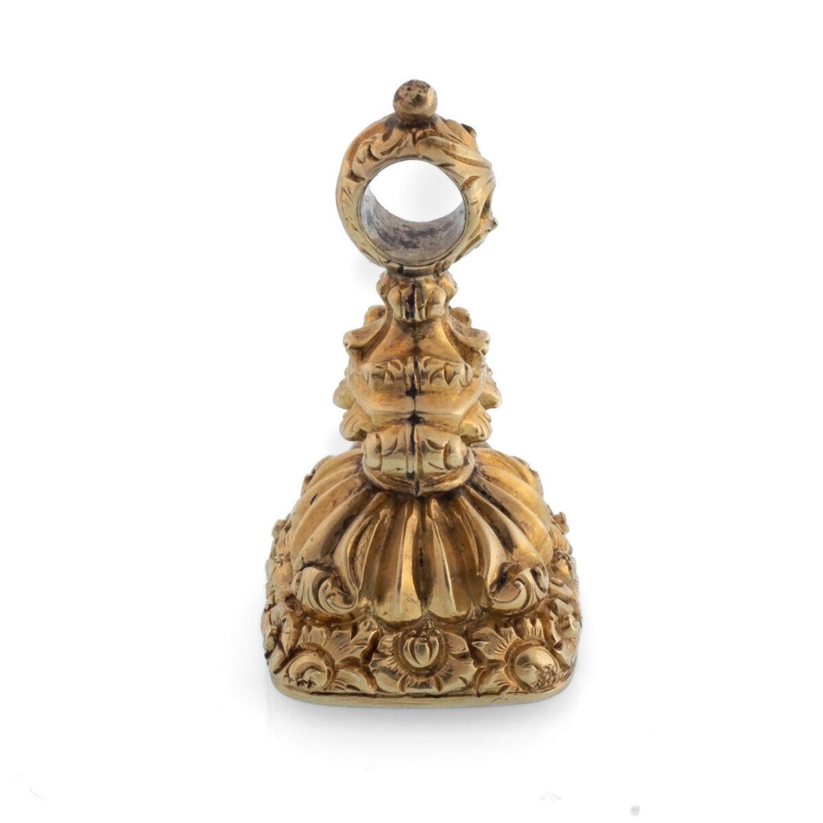 Victorian Embossed 15 Karat Gold, Amethyst Heraldic Intaglio Seal Fob 1
