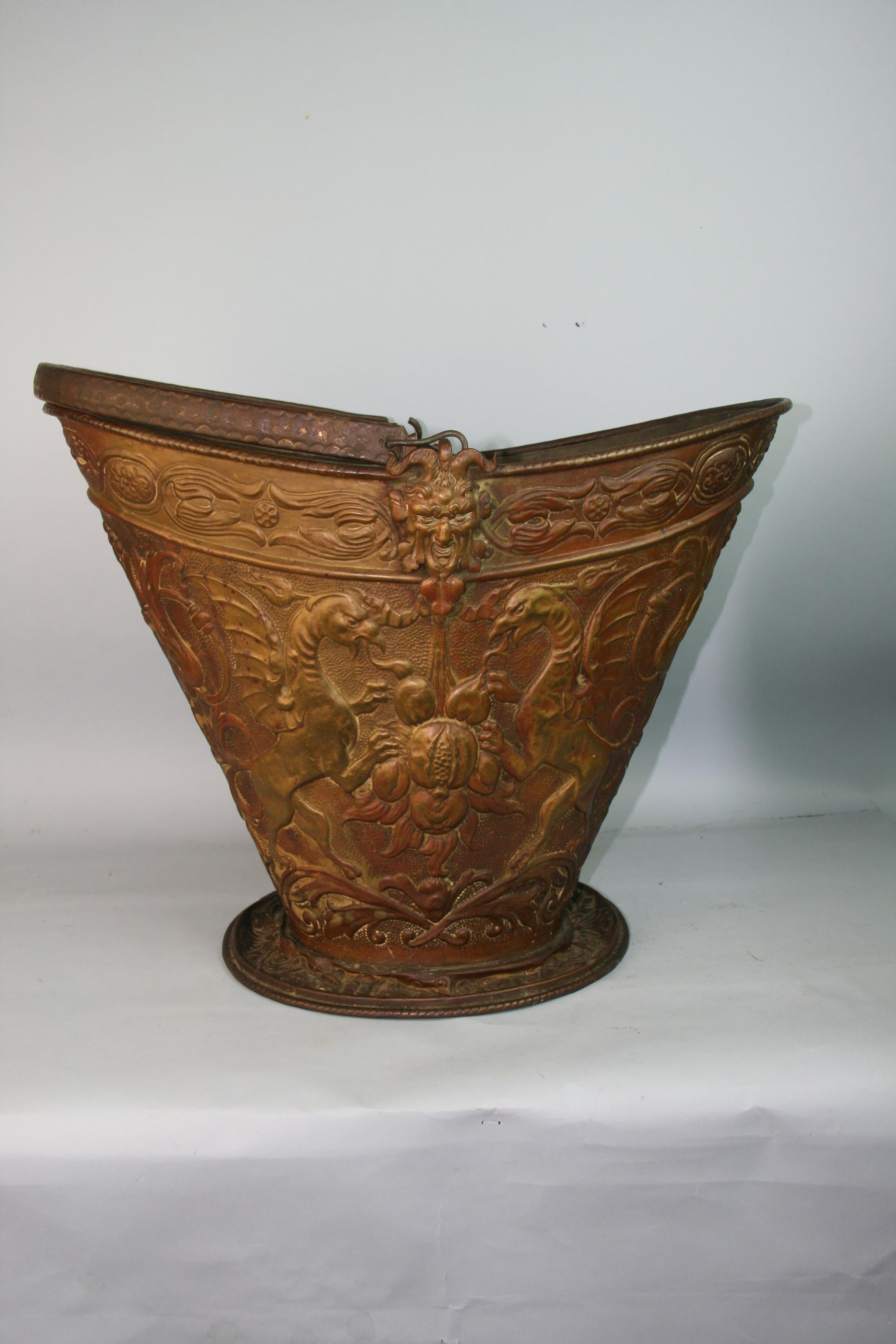 Victorian Embossed Coal/Wood Bucket Brass/Metal Late 19th Century In Good Condition For Sale In Douglas Manor, NY