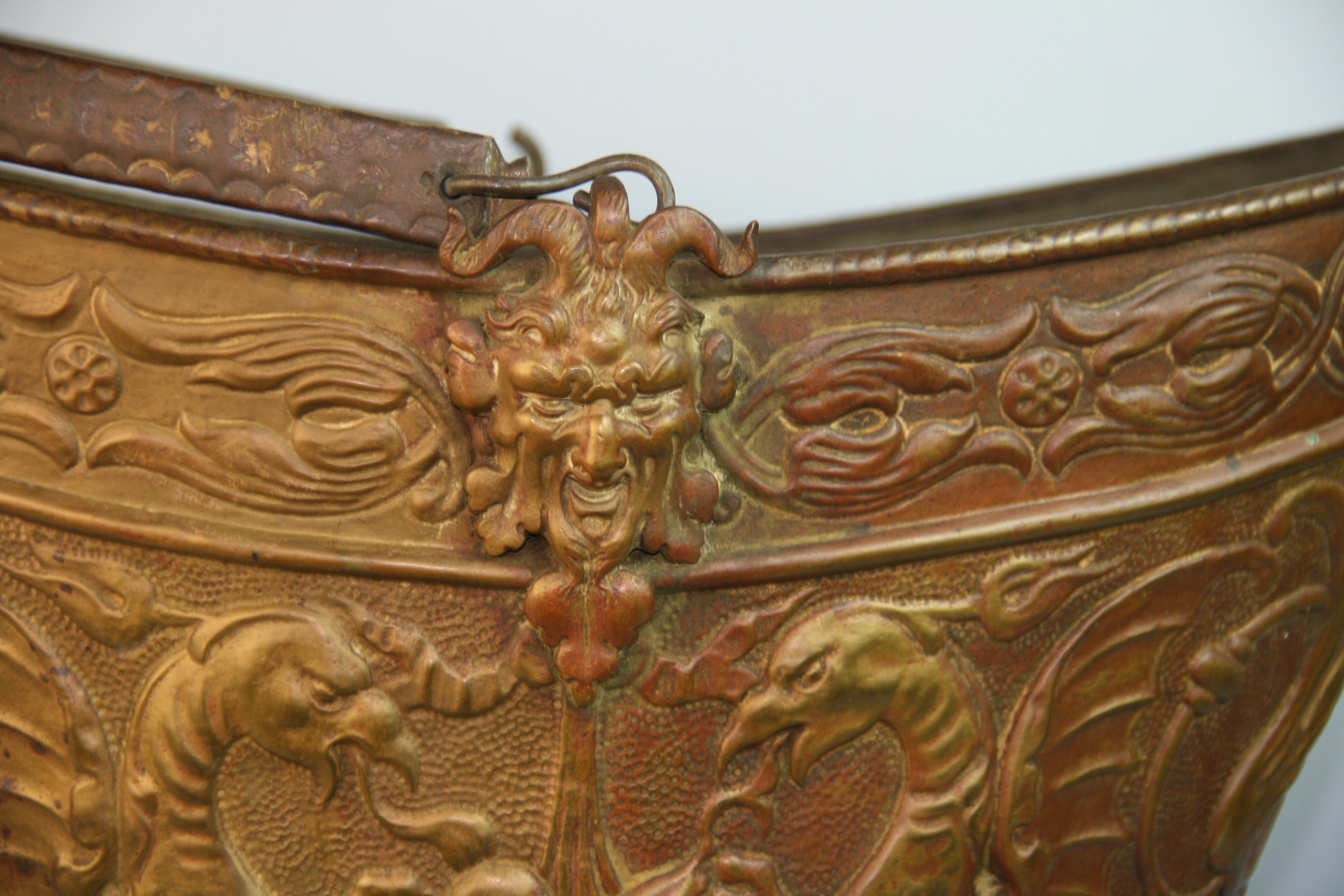 Victorian Embossed Coal/Wood Bucket Brass/Metal Late 19th Century For Sale 2
