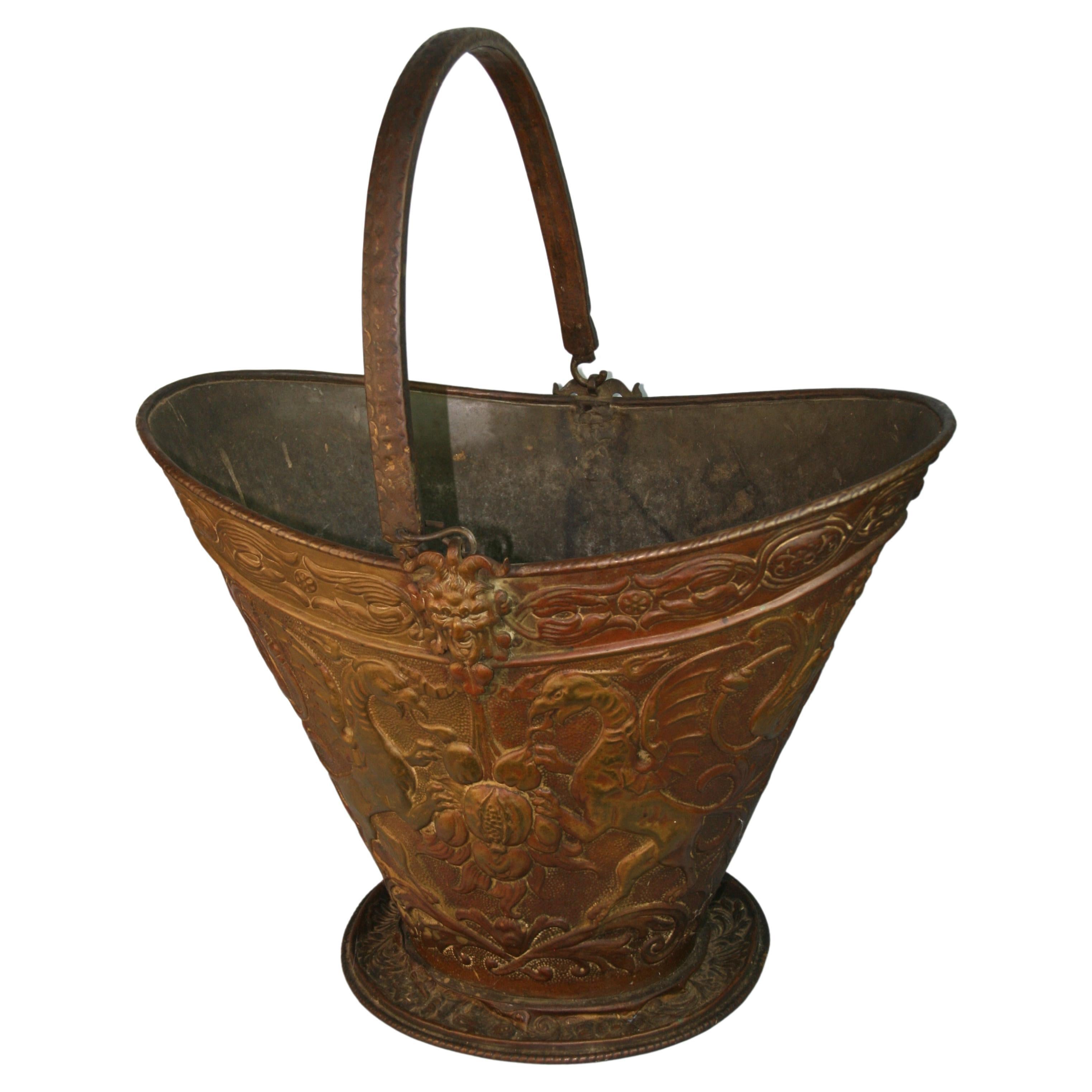 Victorian Embossed Coal/Wood Bucket Brass/Metal Late 19th Century For Sale