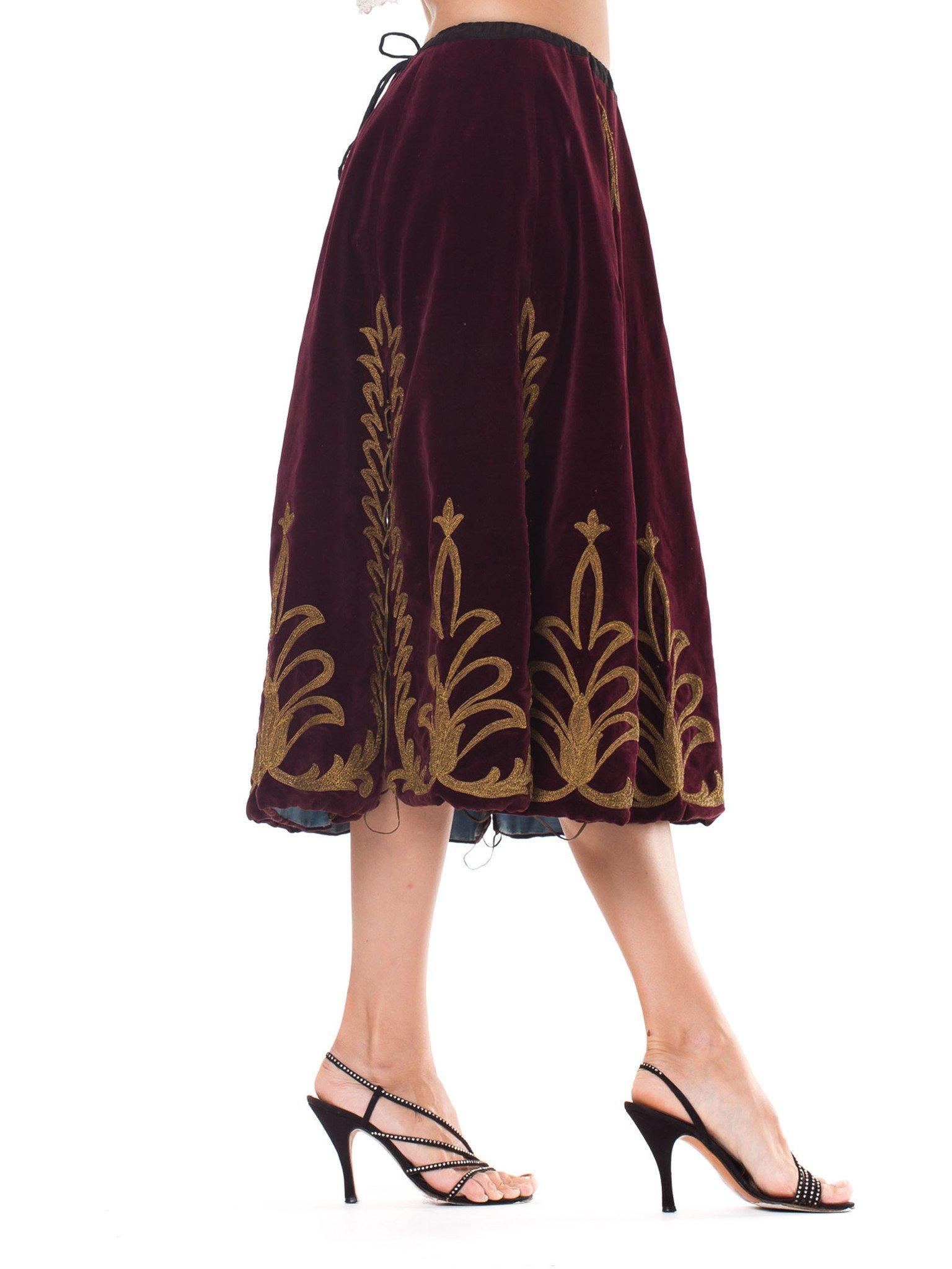 Victorian Cranberry Red Cotton Velvet Skirt With Gold Real Metal Embroidery In Excellent Condition In New York, NY