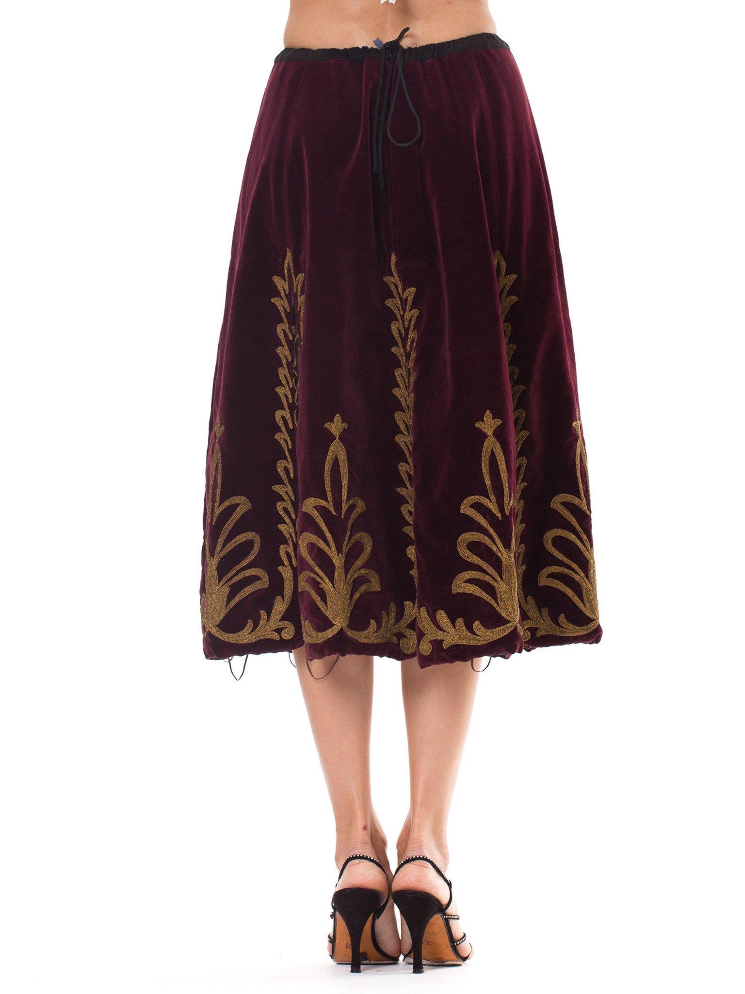 Women's Victorian Cranberry Red Cotton Velvet Skirt With Gold Real Metal Embroidery