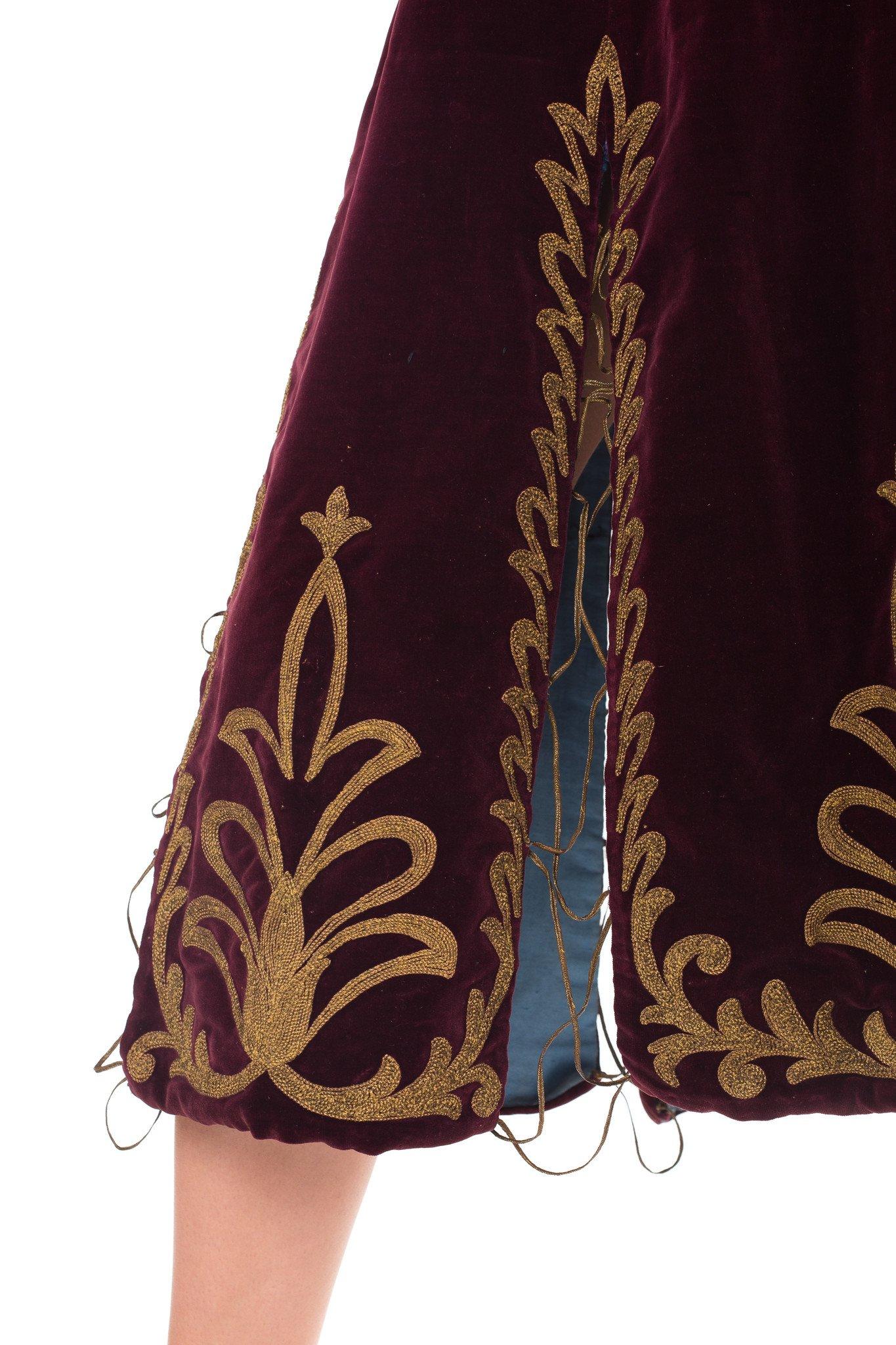 Victorian Cranberry Red Cotton Velvet Skirt With Gold Real Metal Embroidery 3