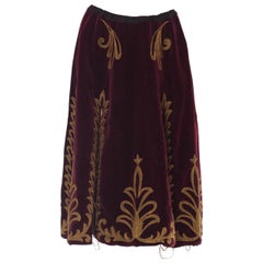 Victorian Cranberry Red Cotton Velvet Skirt With Gold Real Metal Embroidery