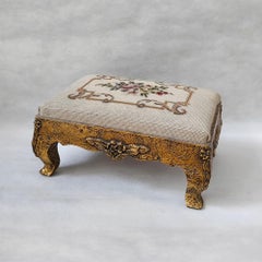 Victorian Embroidered Footrest – Ornate Carved Giltwood Base with Floral Decor