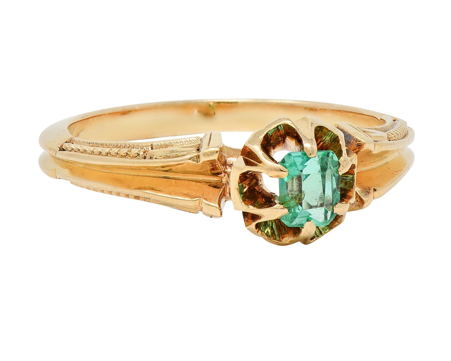 Emerald Cut Victorian Emerald 18 Karat Yellow Gold Belcher Set Buttercup Antique Ring