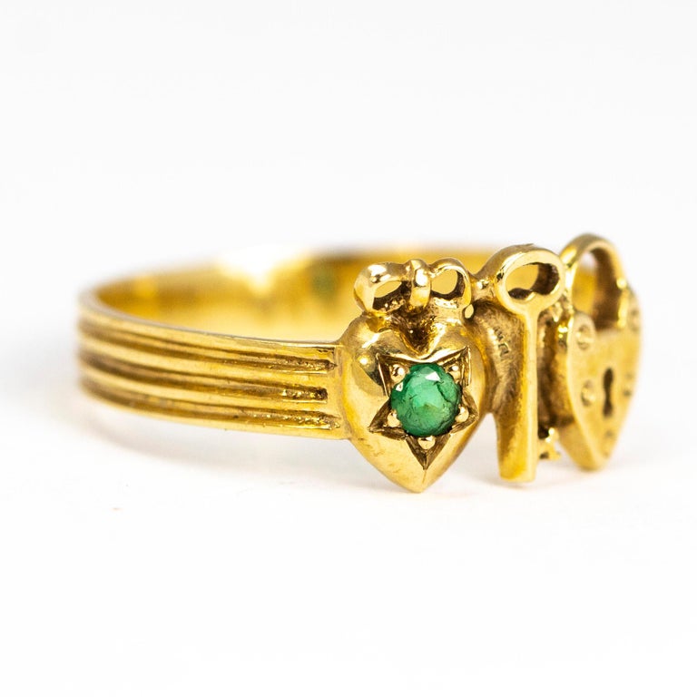 Victorian Emerald and 9 Carat Gold Lock, Key and Heart Ring at 1stDibs
