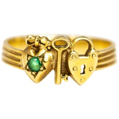Antique Victorian Emerald and 9 Carat Gold Lock, Key and Heart Ring