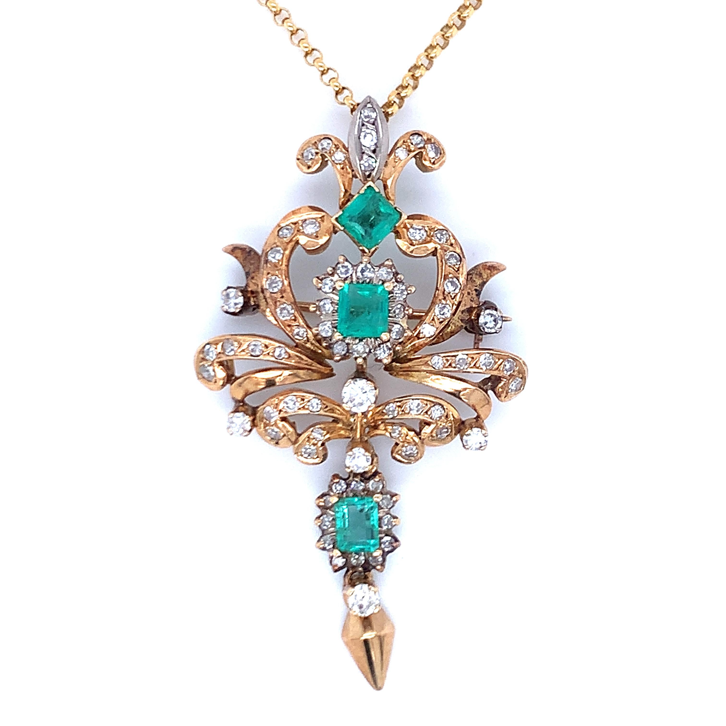 Victorian Emerald and Diamond 18K Gold Pendant / Brooch In Good Condition For Sale In Beverly Hills, CA