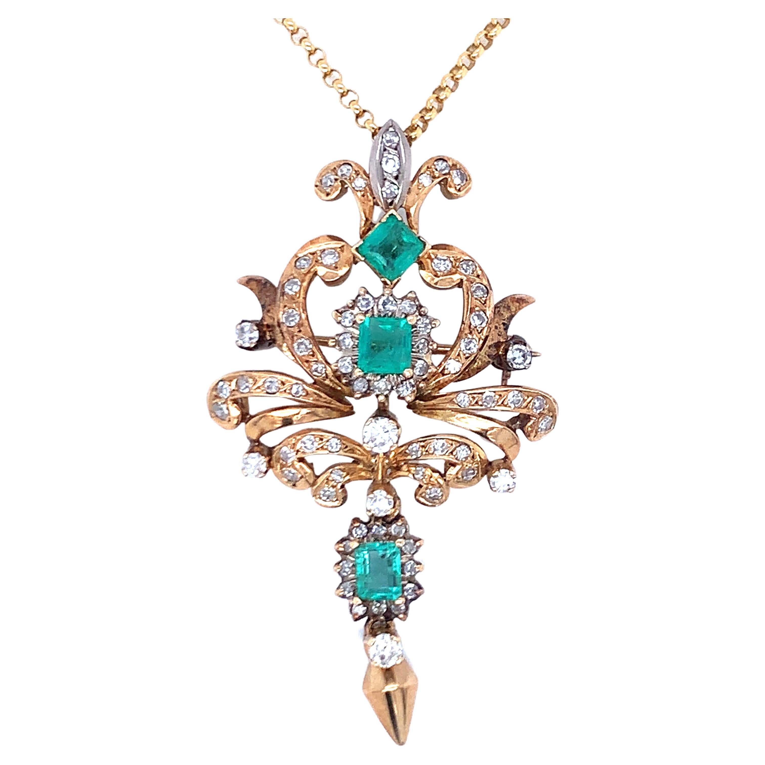 Victorian Emerald and Diamond 18K Gold Pendant / Brooch For Sale