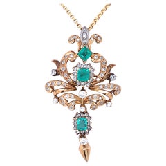 Victorian Emerald and Diamond 18K Gold Pendant / Brooch