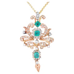Victorian Emerald and Diamond 18K Gold Pendant / Brooch