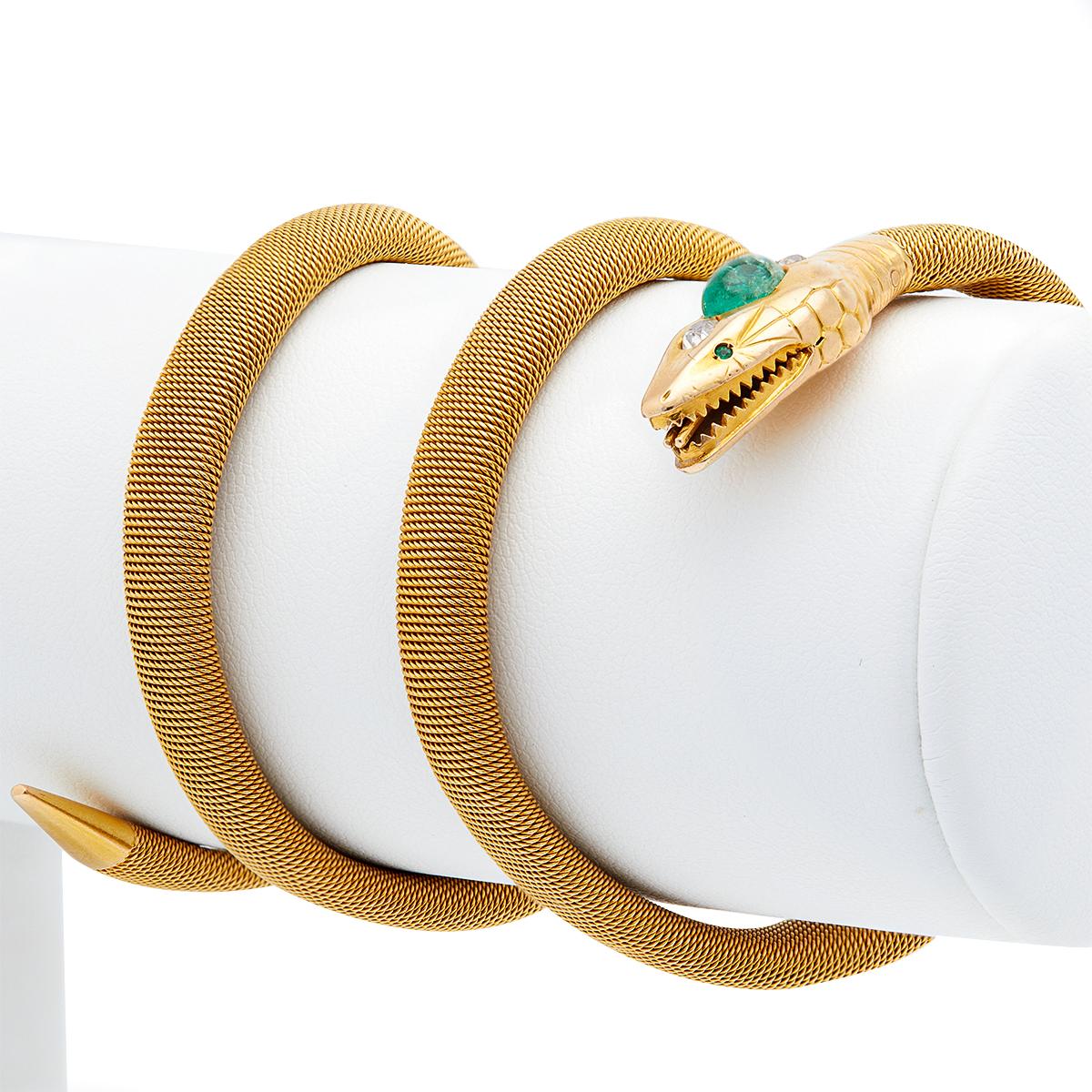 Viktorianisches Flexibles Schlangenarmband aus 18 Karat Gelbgold mit Smaragd und Diamanten für Damen oder Herren