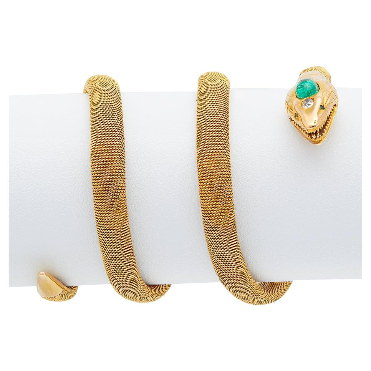 Viktorianisches Flexibles Schlangenarmband aus 18 Karat Gelbgold mit Smaragd und Diamanten