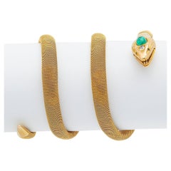 Victorian Emerald and Diamond 18k Yellow Gold Flexible Coiled Snake Bracelet