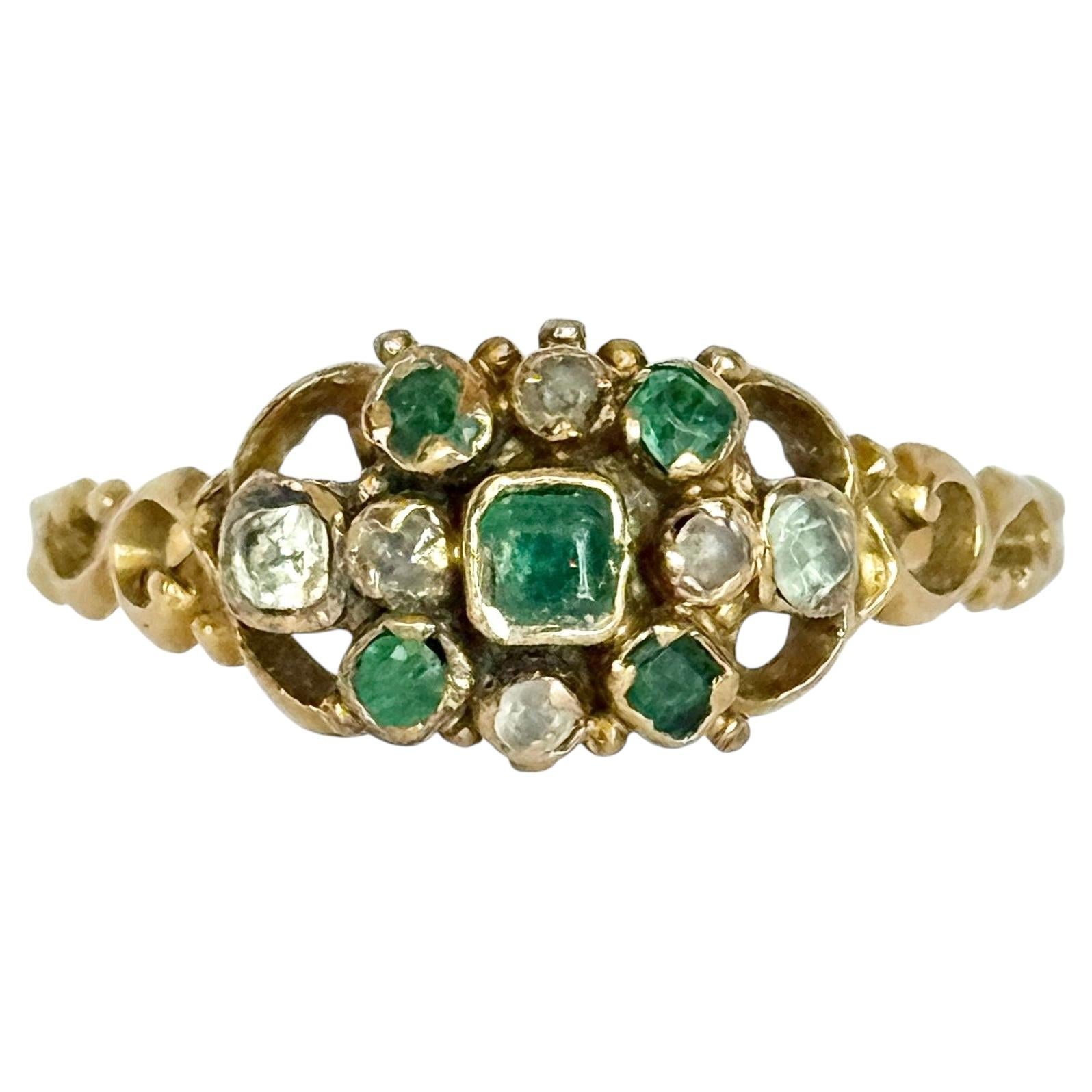 Victorian Emerald and Diamond 9 Carat Gold Cluster Ring