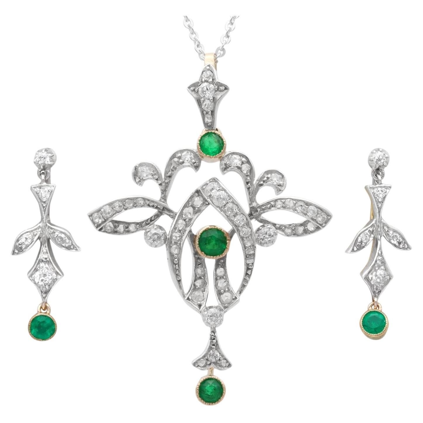 Victorian Emerald & Diamond Brooch Pendant Set, 9k Gold, Circa 1890