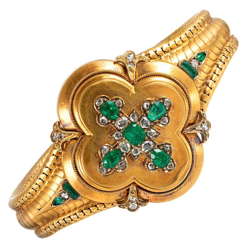 Victorian Emerald and Diamond Bracelet with Locket Back For Sale