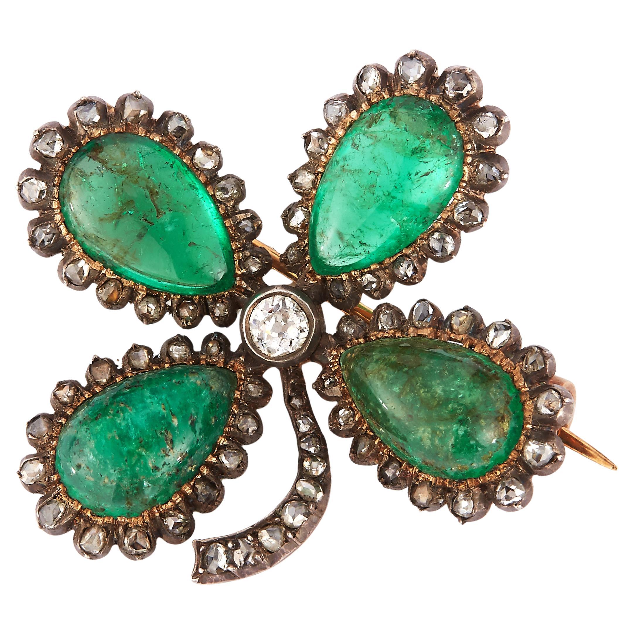 Victorian Emerald and Diamond Clover Brooch