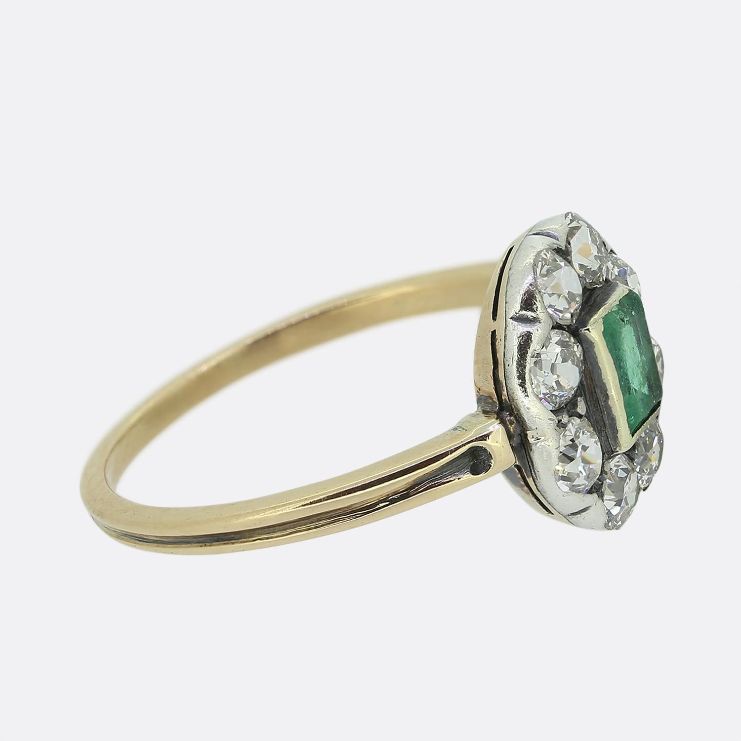 Emerald Cut Victorian Emerald and Diamond Cluster Ring For Sale
