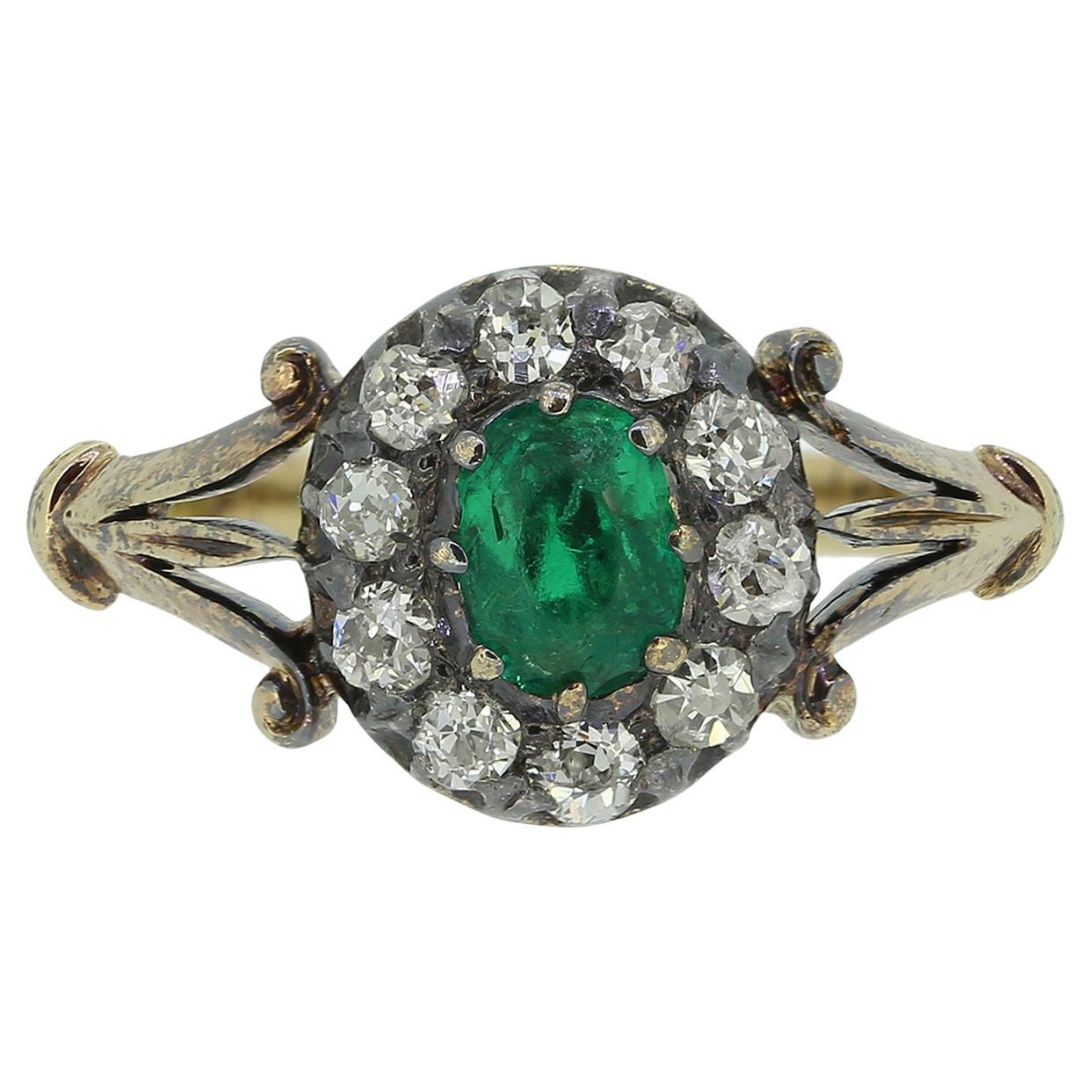 Victorian Emerald and Diamond Cluster Ring