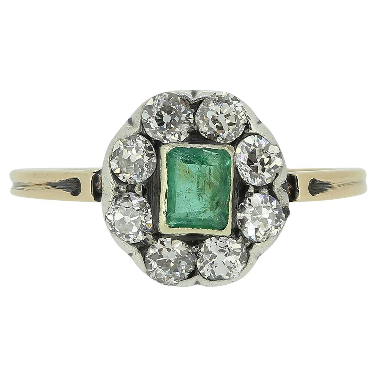 Victorian Emerald and Diamond Cluster Ring For Sale
