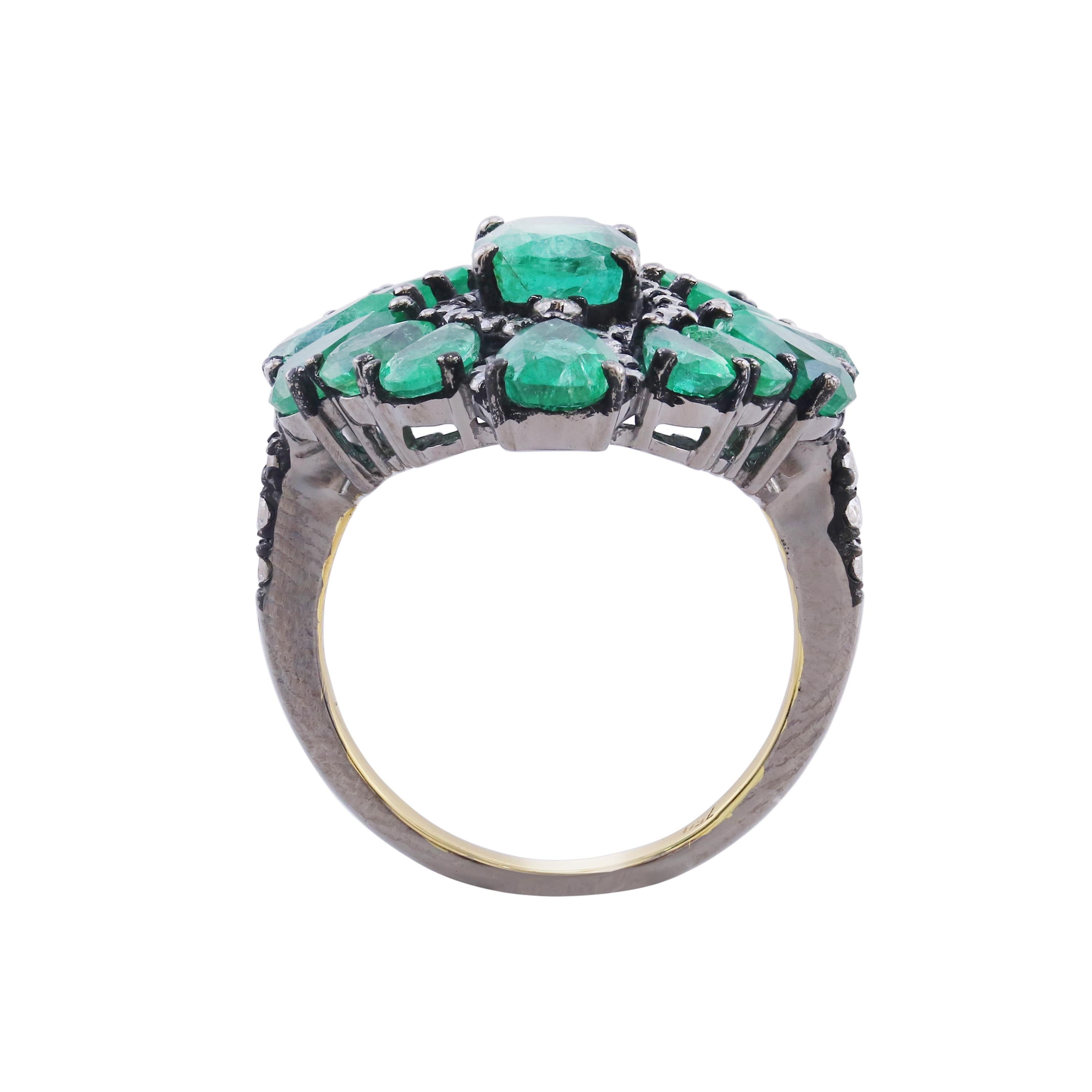 Pear Cut Victorian Emerald and Diamond Cluster Ring in 18k/925 Gold and Black Rhodium For Sale