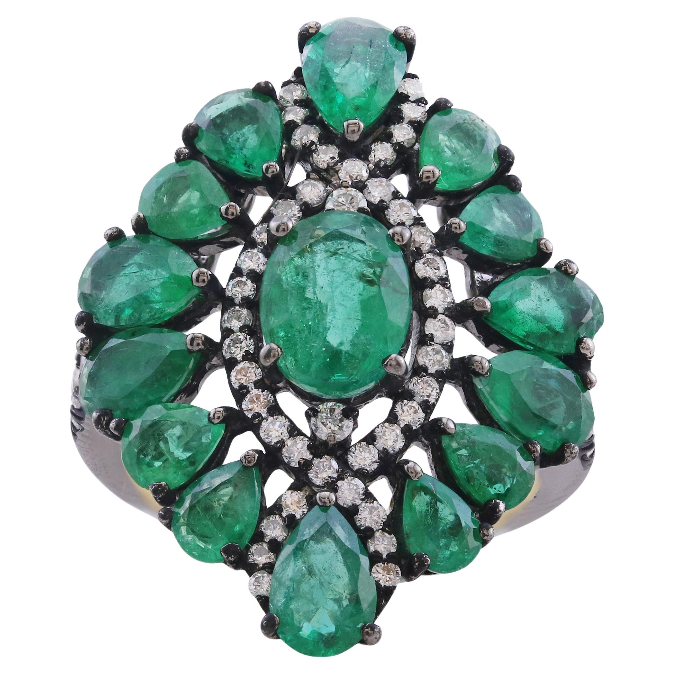 Viktorianischer Smaragd- und Diamant-Cluster-Ring aus 18k/925 Gold und schwarzem Rhodium