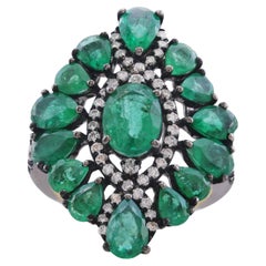 Victorian Emerald and Diamond Cluster Ring in 18k/925 Gold and Black Rhodium