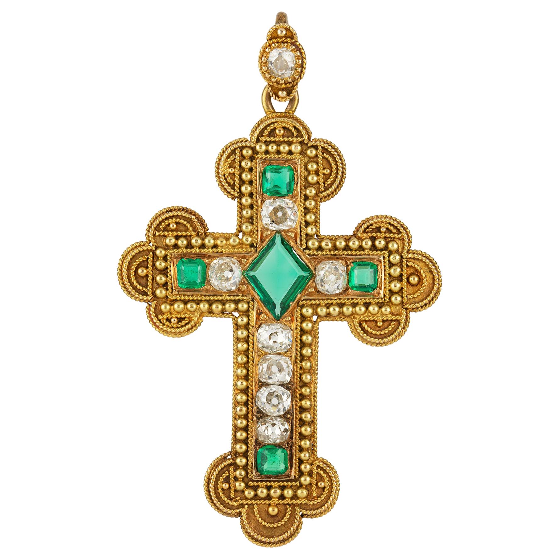 Victorian Emerald and Diamond Cross Pendant