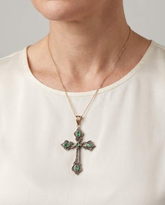 Victorian Emerald and Diamond Cross Pendant, Silver on 9KT Gold