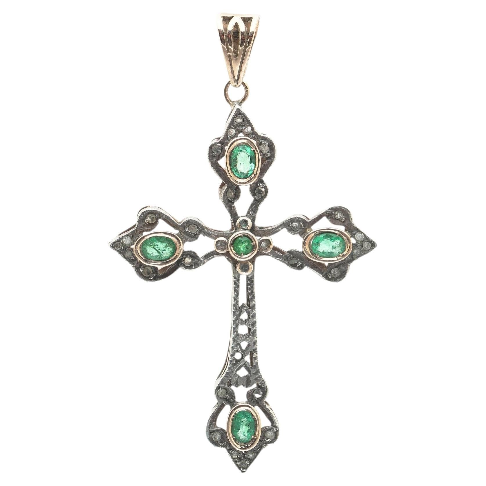 Victorian Emerald and Diamond Cross Pendant, Silver on 9KT Gold For Sale