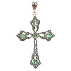 Victorian Emerald and Diamond Cross Pendant, Silver on 9KT Gold
