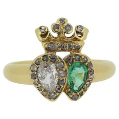 Antique Victorian Emerald and Diamond Double Heart Ring