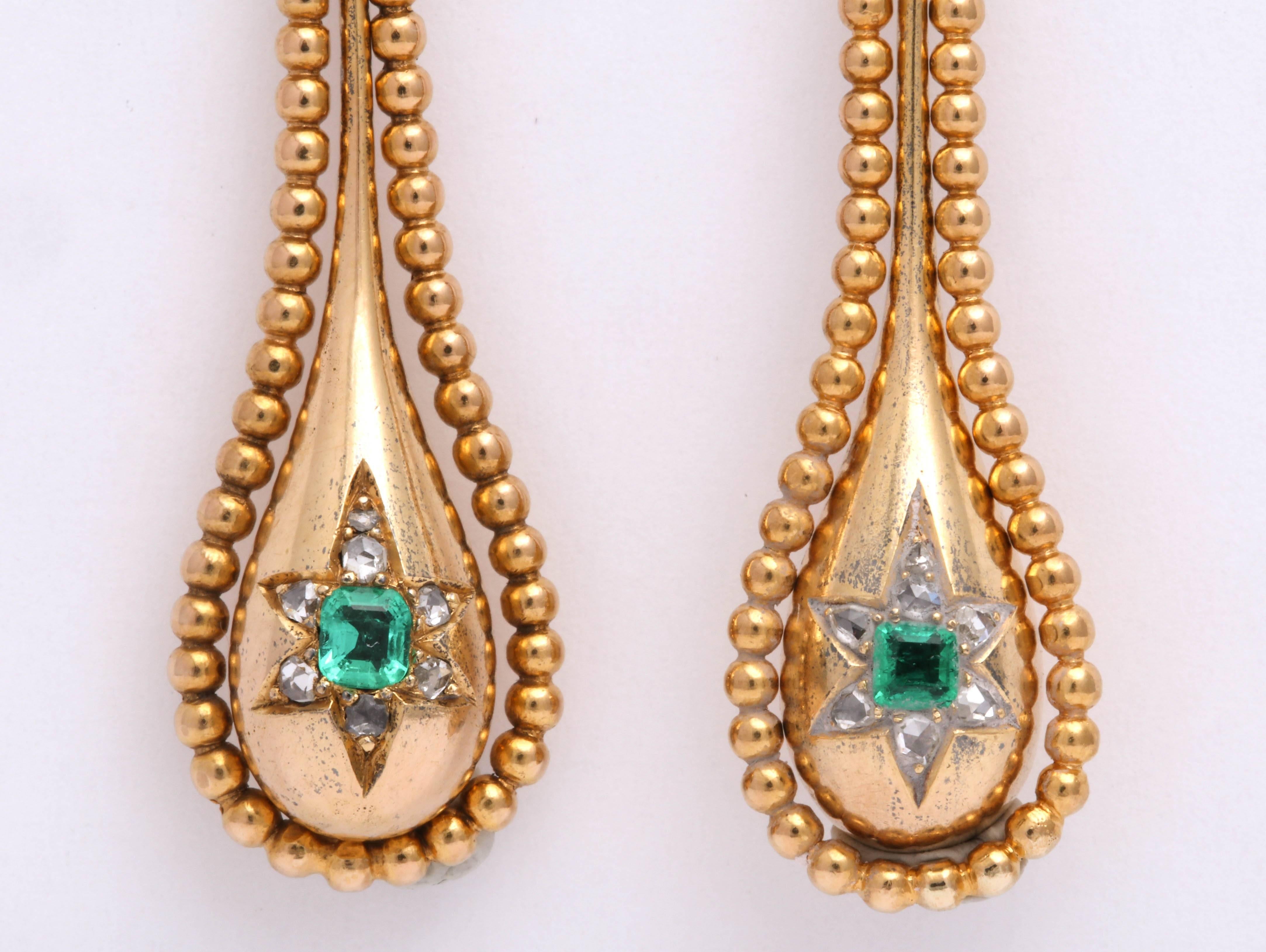 Victorian Emerald and Diamond Earrings In Excellent Condition For Sale In New York, NY
